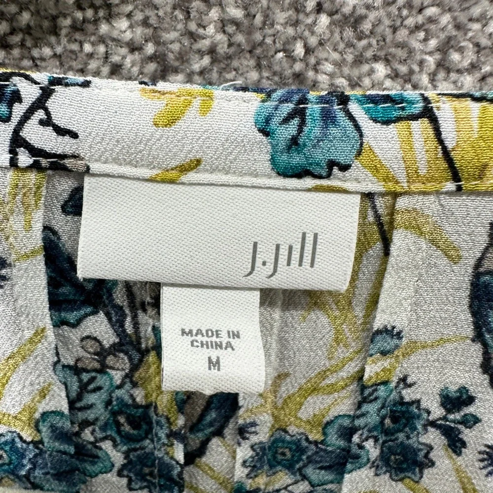 J Jill Button Up Blouse Top Womens Medium Floral Bird Print Rayon Cottage Nature